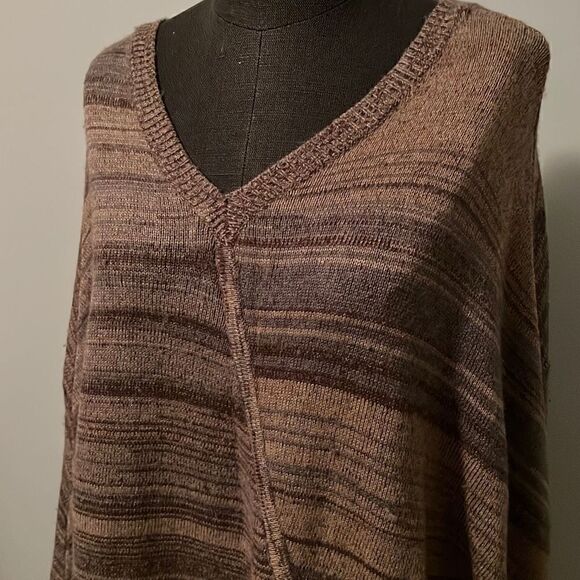 The Territory Ahead Women's Brown Wool Blend Rabbit Hair Knit Striped Poncho - Picture 2 of 8